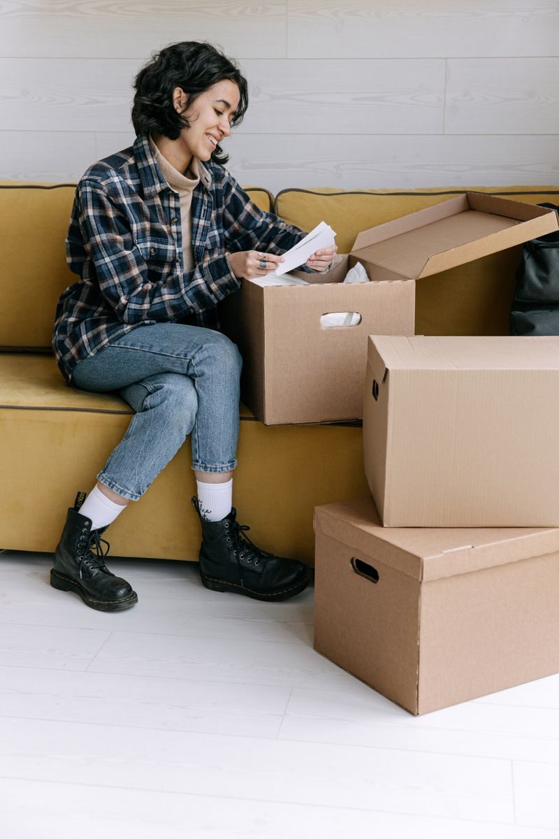 ソファで荷解きをする女性|レンタルなら入居初日から暮らせる部屋に